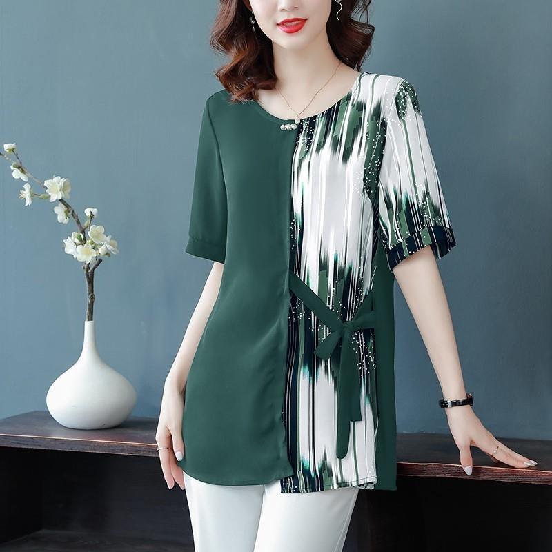 Western-style Loose Short-sleeved Chiffon Shirt Middle-aged and Elderly Summer Round-neck Fashionable Small Shirt