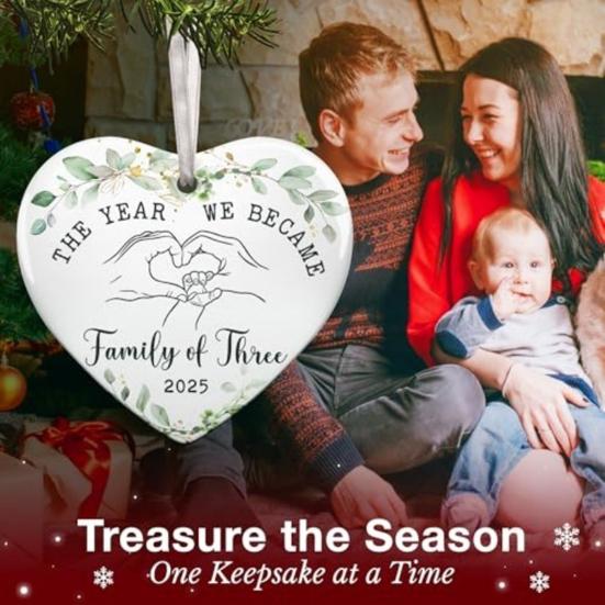 The Year We Become Family of Three Ornament Heart Shaped Baby First Christmas Ornament New Mom And Dad Gifts for Parents