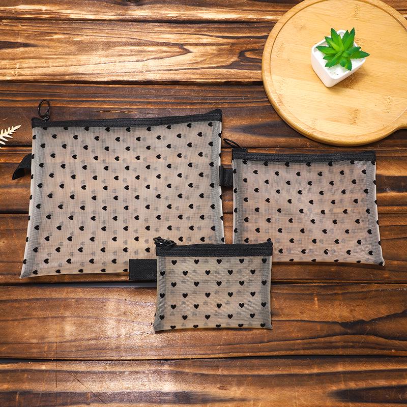 Portable Mesh Cosmetic Bag - Heart Design, Small Size for Lipstick and Cards