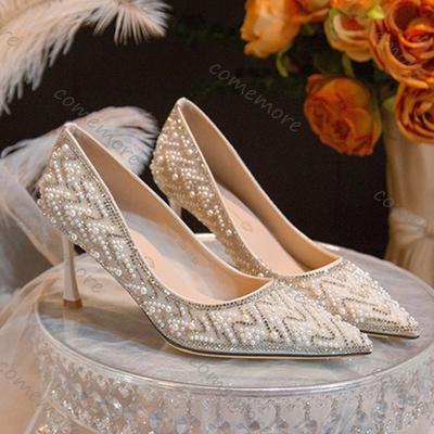 Fashion Comemore Pumps for Women Sexy Pearl Decoration Fashion Women's High Heels Sequins Dress Party Shoes Stiletto Heel Single Shoe