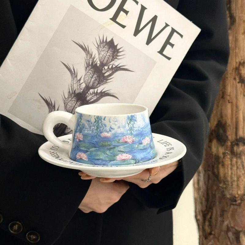 Tazza da Caffè e Sottotazza Set Gigli d'Acqua Pittura Famosa Monet Tazza da Latte Latte per Tè Pomeridiano Tazza in Ceramica Retro