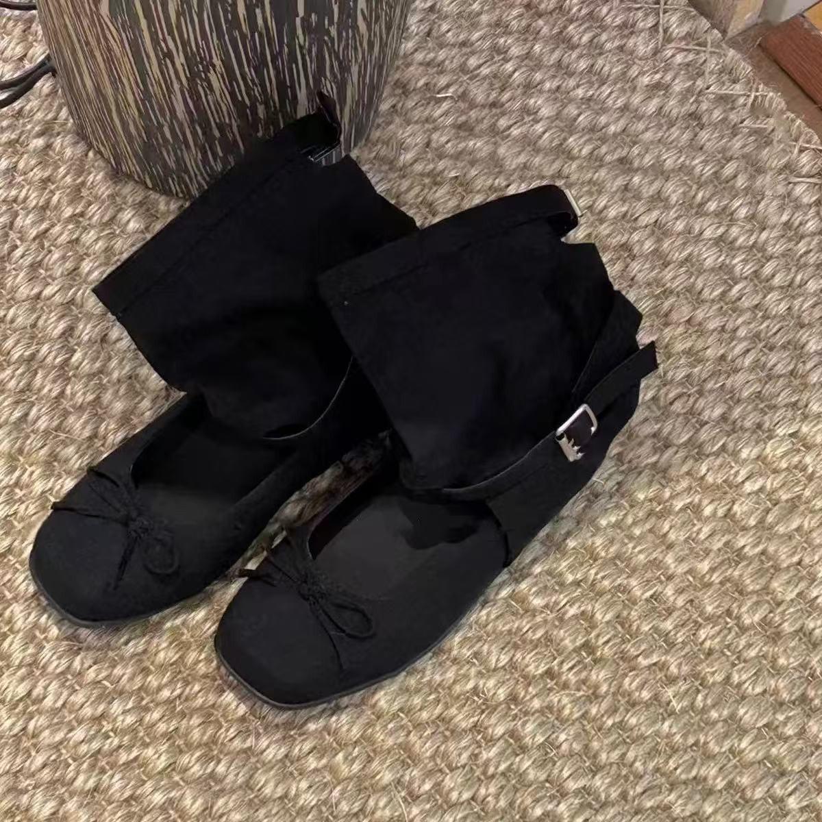 

Cowhide version! Maillard boots summer new design sense round head bow thick heel cool boots ballet shoes 40