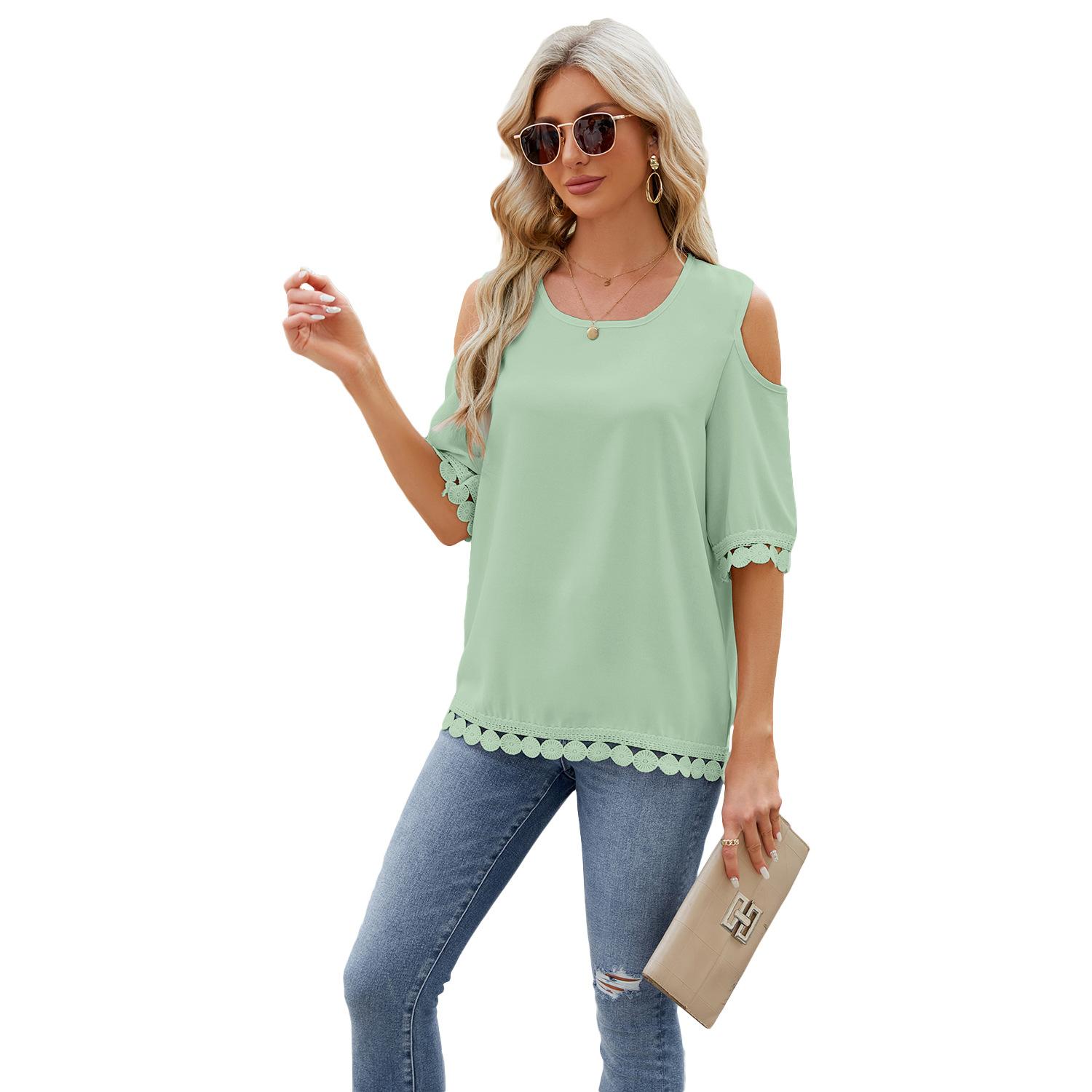 

Летняя женская футболка без бретелек с круглым вырезом и кружевным лоскутным свободным топом XXL светло-зеленый