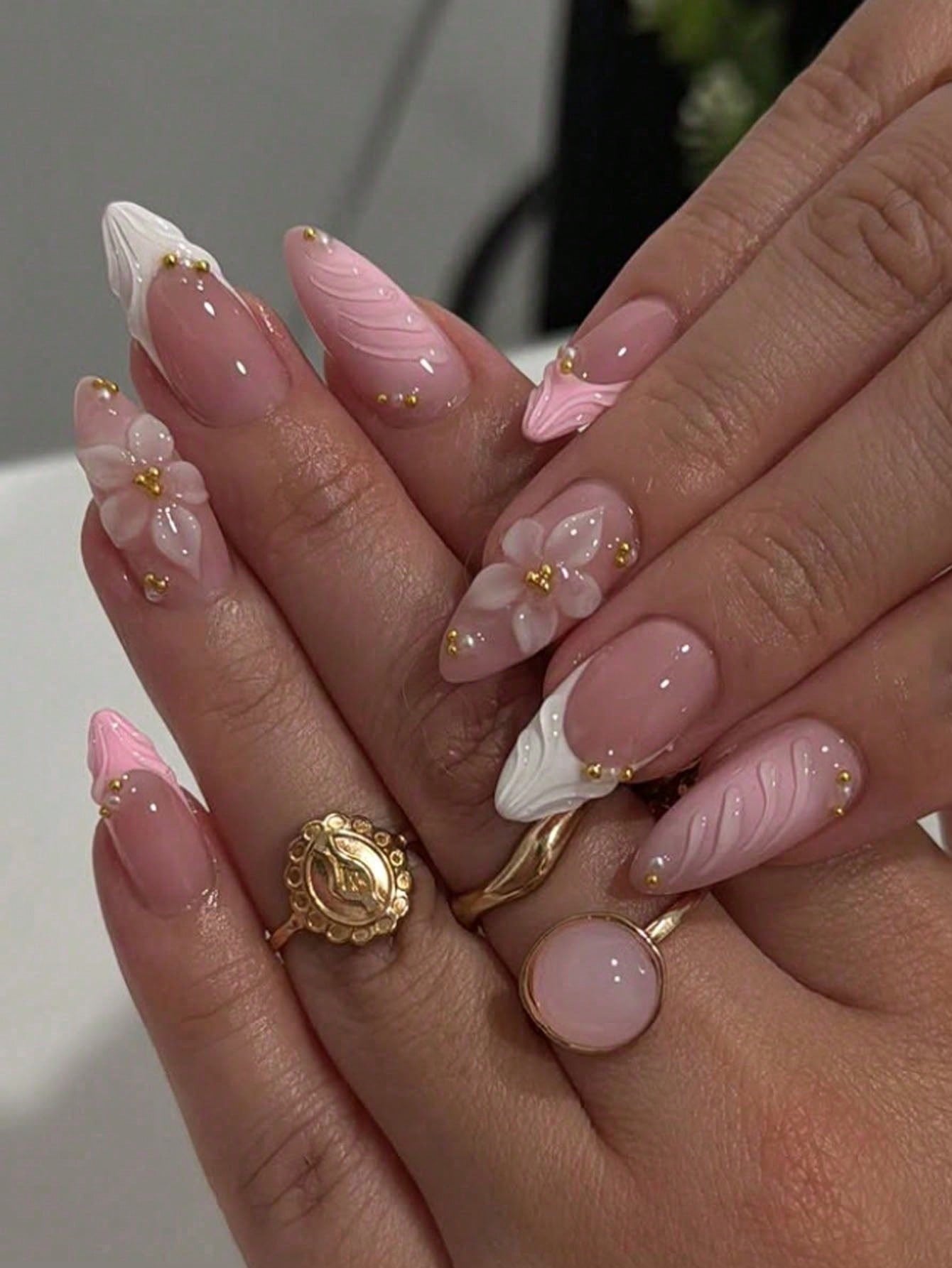 Elegant Gradient Pink & White Almond-Shaped Nail Stickers With Floral & Pearl Decor, Includes Gel Polish And Nail File, разноцветный