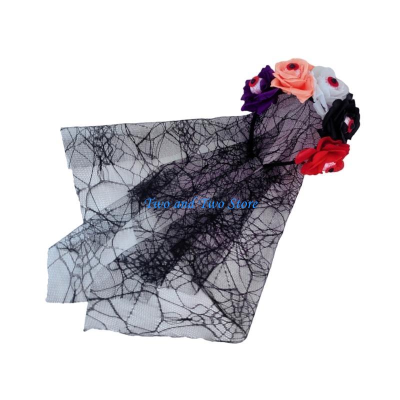 HX6F Gothic Witch Rose Hair Hoop Halloween Decorative Veil Role Play Costume Proms Party Live Show Headwear