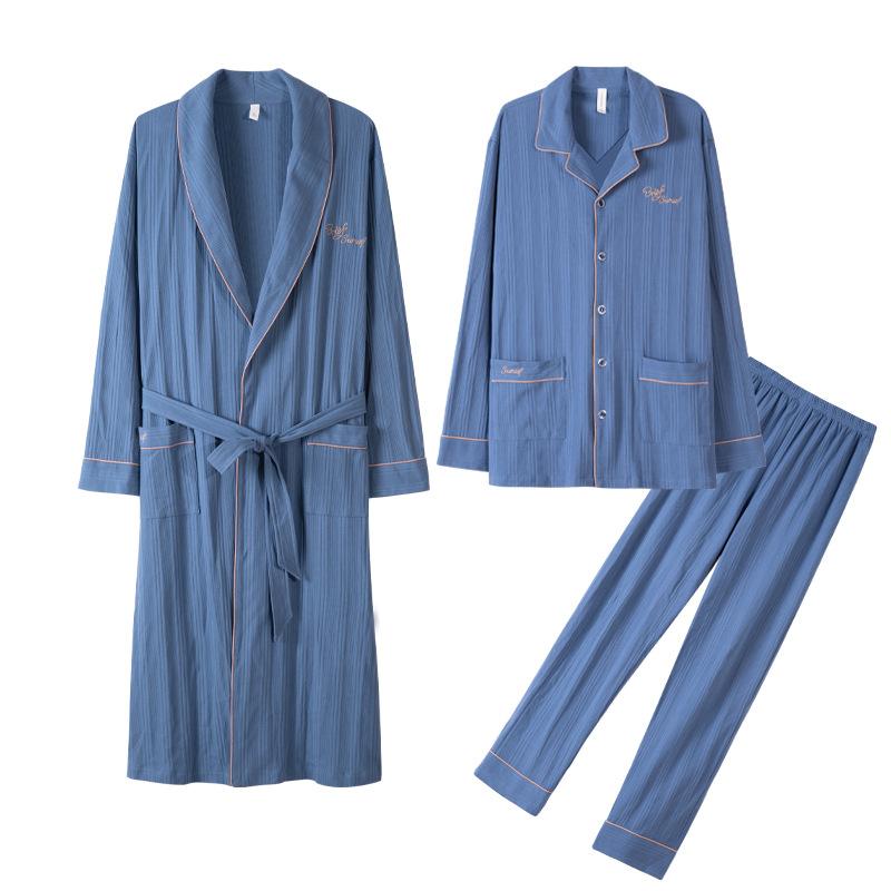 Couple Pajamas Women'S Spring And Autumn Cotton Long-Sleeved Autumn Men'S Nightgown Large Size Bathrobe Three-Piece Set Loungewear