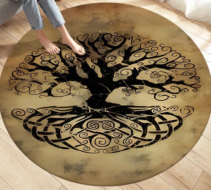 Viking Valknut Yggdrasil Tree of Life Area Rug Round Carpets Rugs for Living Room Bedroom Foot Pad Decoration Non-slip Floor Mat
