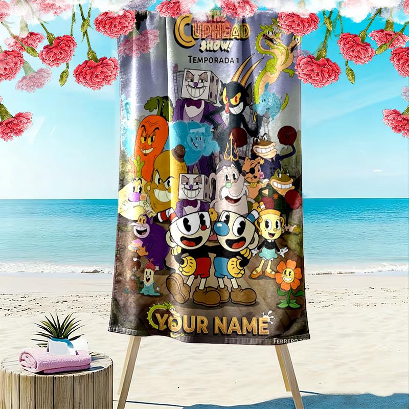 Name Custom Cuphead Print Beach Towel, Large Soft Quick Dry Towel for Beach Camping Swimming