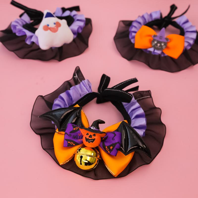 Halloween Pet Collar for Small Cats and Dogs, Lace Pumpkin Bat Wings Bowknot for Large Dogs