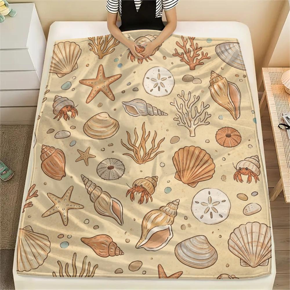1PC Summer Beach Print Flannel Blanket, High quality All Seasons, Home Decor, Warmth and Comfort, Perfect for Christmas Gifts