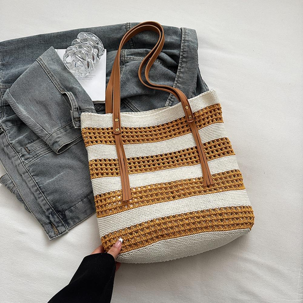 

Contrast Color Hollow Weave Tote Bag Fashion Summer Beach Straw Handbag Girls жёлтый