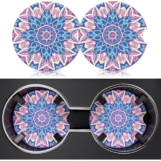2 Pack Car Cup Holder Coasters, 2.63 Inch Anti Slip Ceramic Absorbent Coaster with Cork Base and Finger Notch, Cute Car Accessories Interior for