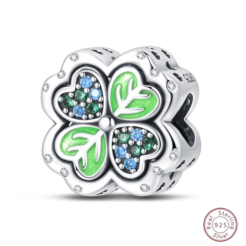 Copper Beaded Four Leaf Clover Lucky Shiny Zirconia For Original 3Mm Bracelet Women Fine Jewelry
