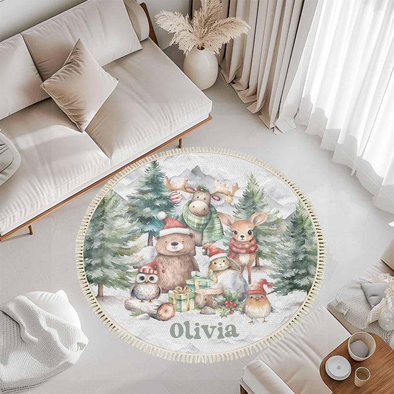 

Christmas Woodland Animals Round Rug,Kids Playroom Mat with Xmas ,Non-Slip Nursery Circle Carpet Gift for Toddler Home Decor Diameter 100cm
