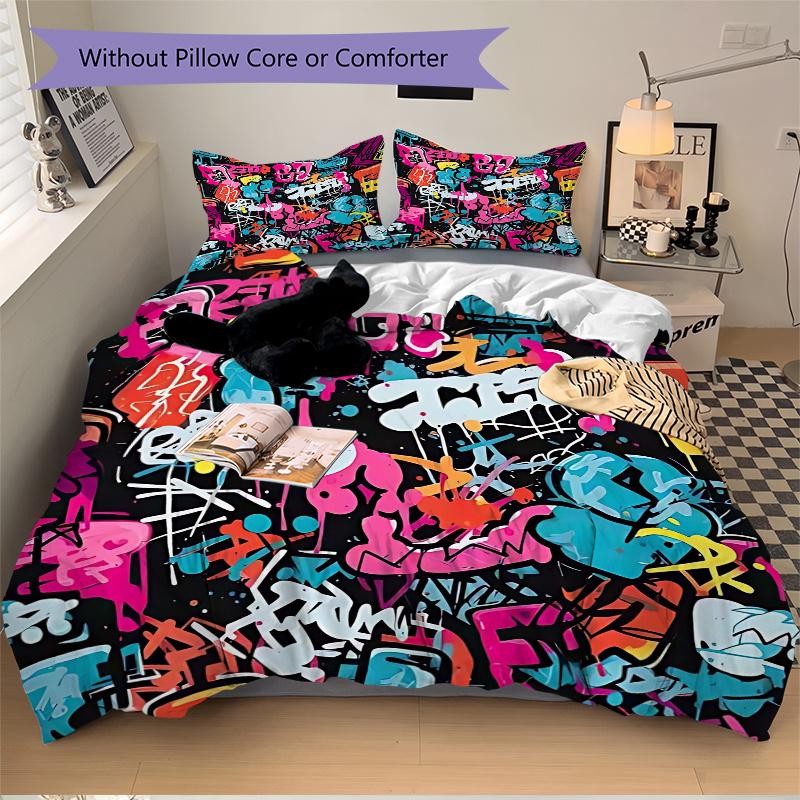 3pcs Graffiti Art Bedding Set - Includes One Quilt Cover and Two Pillowcases (No Core) - Home Decor, Festival Gift, Polyester Fabric, Anime Cartoon De