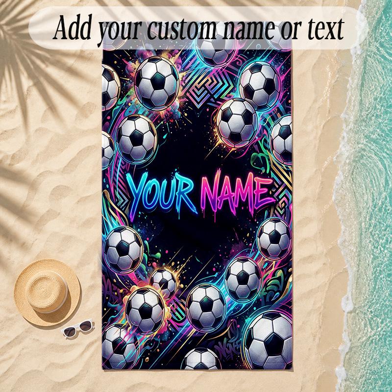 Soccer Theme Soft Beach Towel Personalized Custom Name Text Towel Portable for Beach Pool Travel