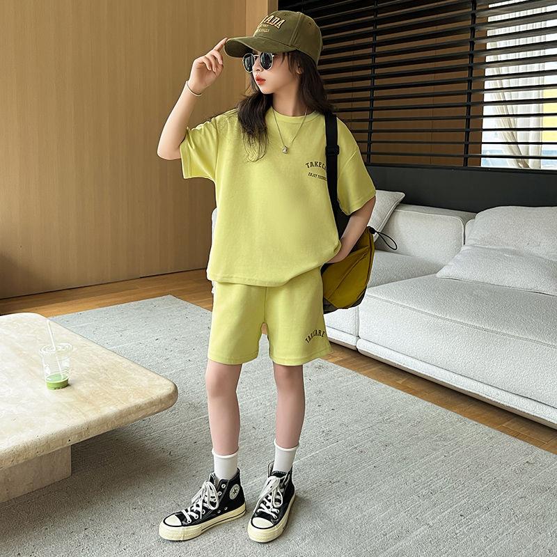 Girls' Summer Children's Clothes Girls' Casual Sportswear Medium and Large Children's Short-Sleeved Shorts Two-Piece Set