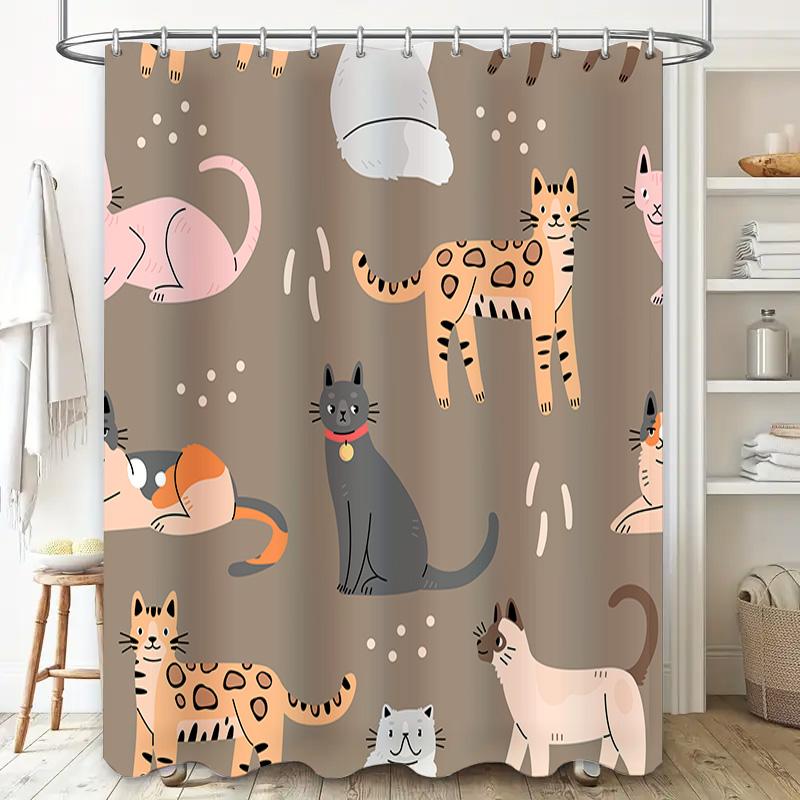 Modern Cartoon Cat Print Shower Curtain for Bathroom Decor Neutral Color Waterproof Fabric Decoration Home Supplies