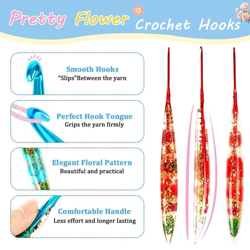 Crochet Hooks Ergonomic Crochet Needle With Floral Resin Grips Non-slip Knitting Tool Craft Supplies For Beginners Women Adults