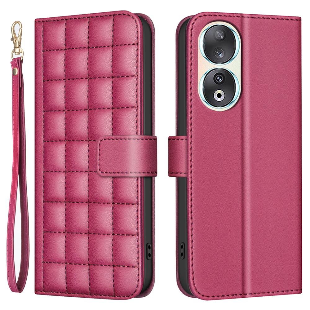 

For Honor 90 Case Square Grid Leather Wallet Cover with Hand Strap Red
