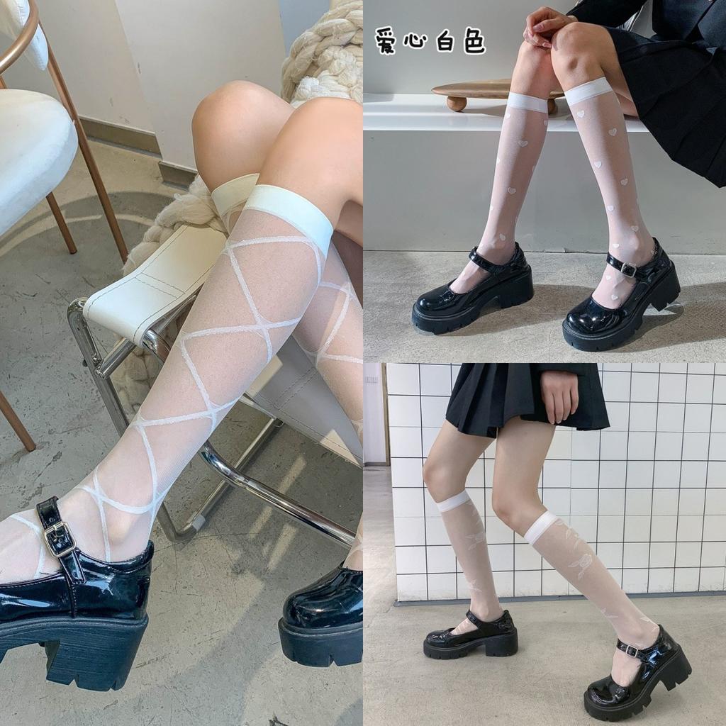 Summer Thin Stockings Transparent Women'S Breathable Versatile Diamond Mid-Tube Socks Black Silk Knee Socks Thin Jk Calf Socks
