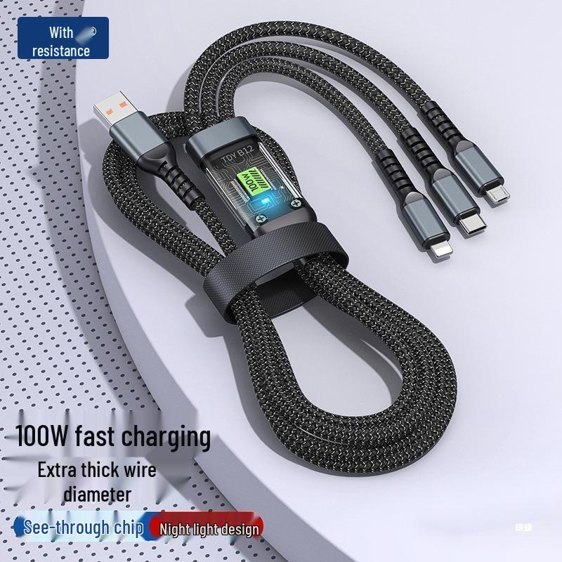 100W Universal Fast Charging 3-in-1 Cable for Apple, Huawei, Android, Vivo, Xiaomi 1-pack Classic Black 1.2m