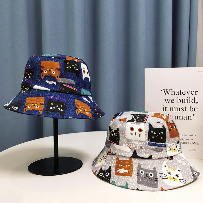 Summer shading personality print cartoon kitten face bucket hat female
