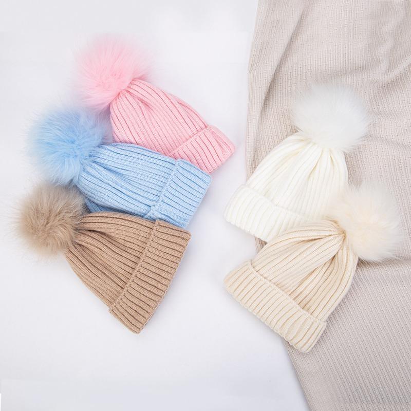 Kids Solid Color Winter Knit Hat with Pompom Thick Thermal Ear Flap Knitted Beanie for Babies Fall Simplicity Children Cap