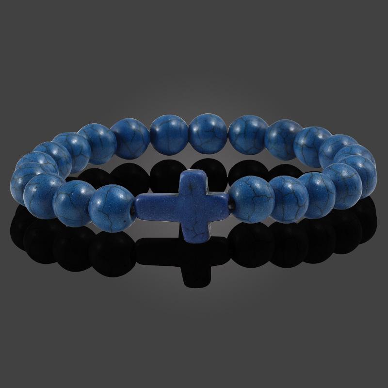 Turquoise Cross Elastic Yoga Bracelet with Black Volcanic Stone