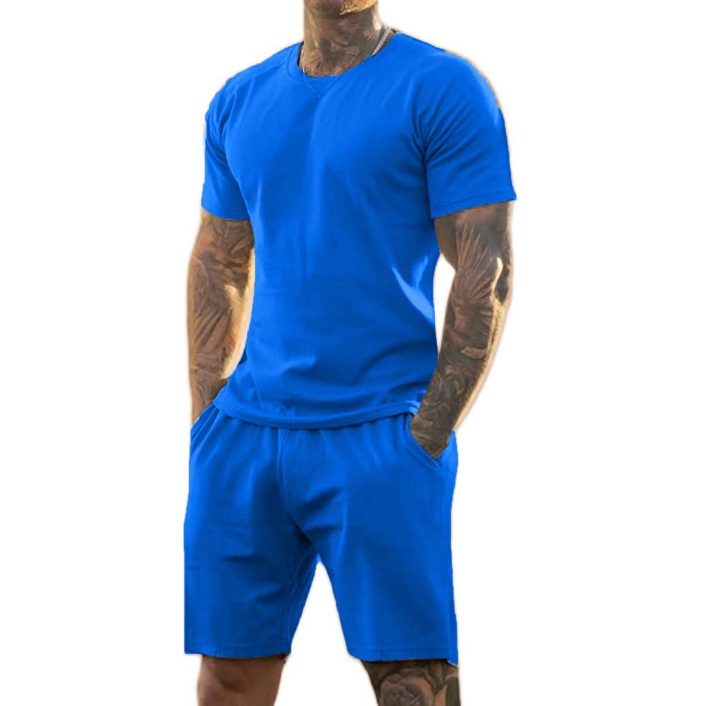 Men's Solid Color Shoulder Short Sleeved Shorts Breathable Men's Casual 2-piece Set