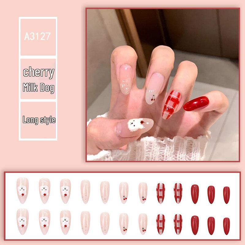 

Пушистый Пес Розовый Вишня Носимый Нейл-арт - Сладкие Накладные Ногти Полного Размера Телесного Цвета