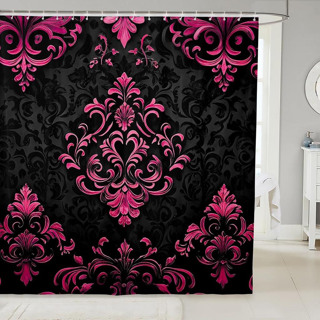 Vintage Boho Damask Floral Bathroom Curtain,Bohemian Exotic Goth Shower Curtain Victorian Baroque Flower Shower Bathtub Decor