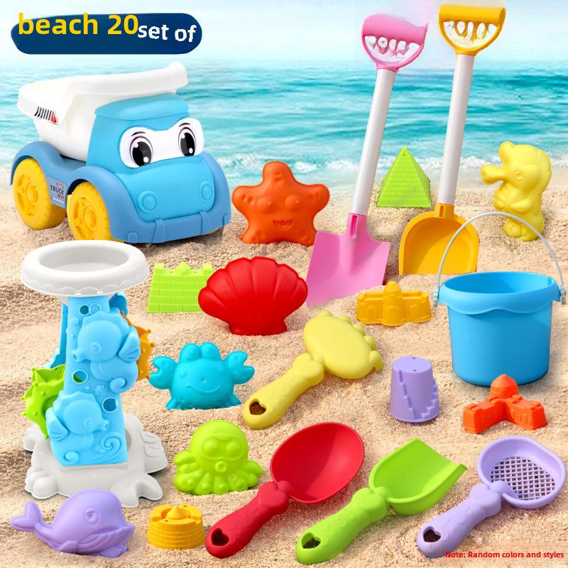 Kids' Beach Toy Set: Car, Bucket, Shovel, Hourglass, and Sand Tools for Water and Sand Play.