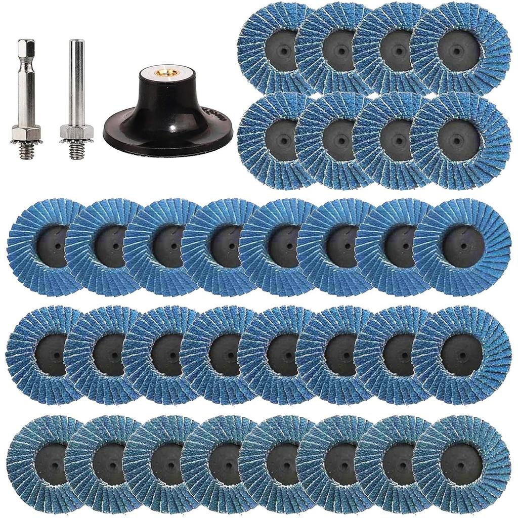Pack of 32 Flap Discs 50 mm for Drill, 2 Inch Sanding Discs Grit 40/60/80/120 Zirconia Corundum Grinding Disc with 6.35 mm Adapter for Metal Wood