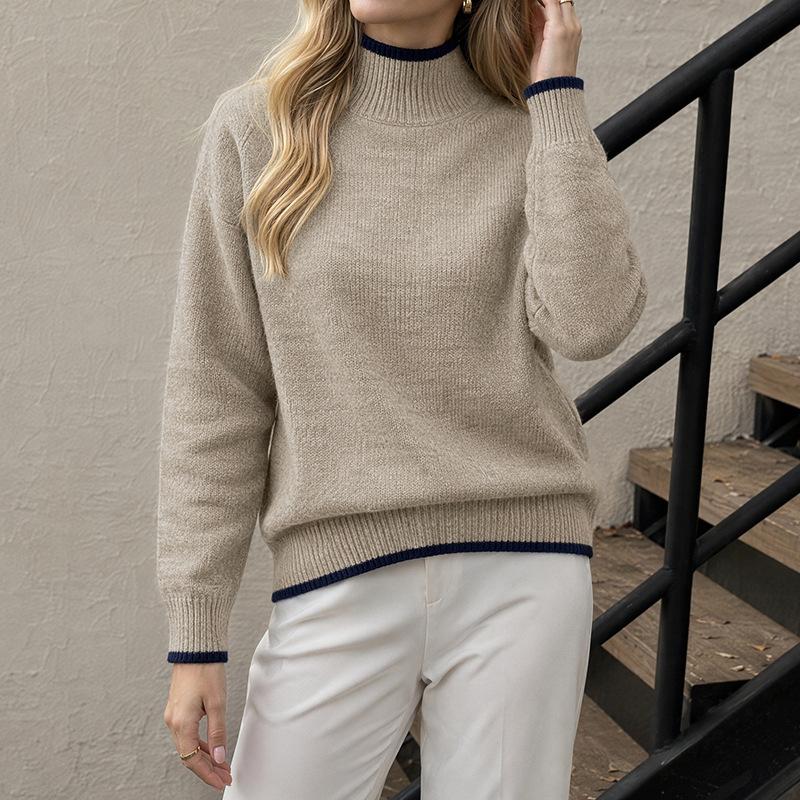 Women Half Turtleneck Color Block Long Sleeve Knitted Loose Pullover Sweater Casual Bottoming Top