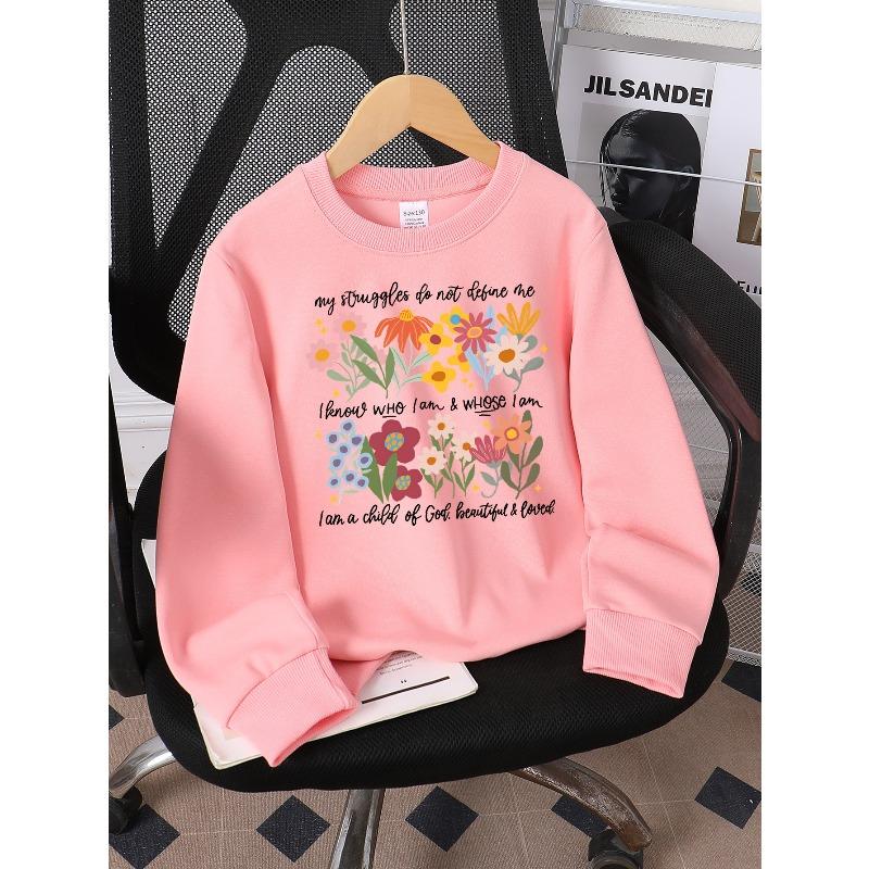 European sizes Kids' Crewneck Sweatshirt Floral Design with Inspirational Text , Sportswear And Casual Wear, Soft And Comfortable, Children's Clothing