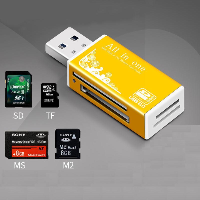 Alloy Card Reader 4 Ports USB2.0 Micro SD TF M2 MS Pro Duo MMC SDHC DV Phone Camera Memory Card Adapter with LED Indicator
