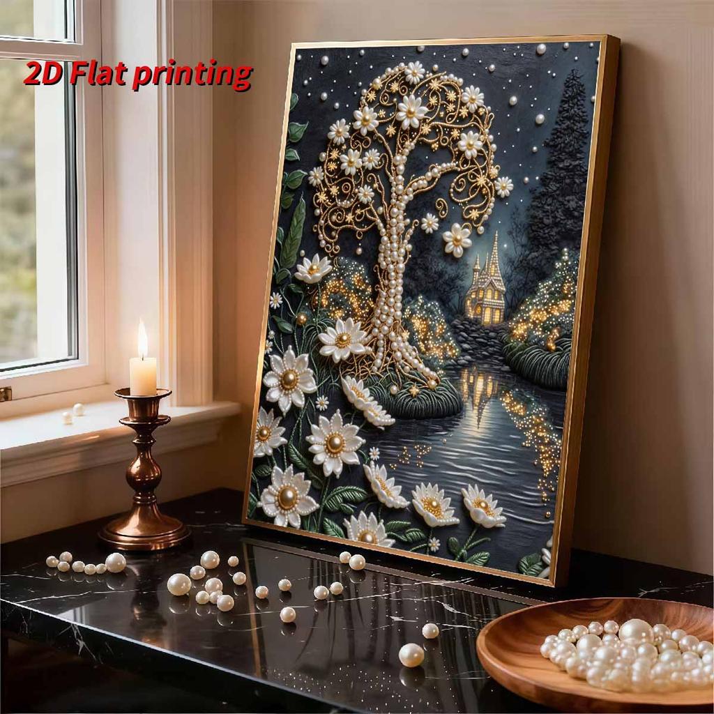 5D DIY Frameless Pearl Painting Trees and Flowers Pattern Painting Kit Suitable for Home Living Room Bedroom and Other Wall Decoration Art Paintings