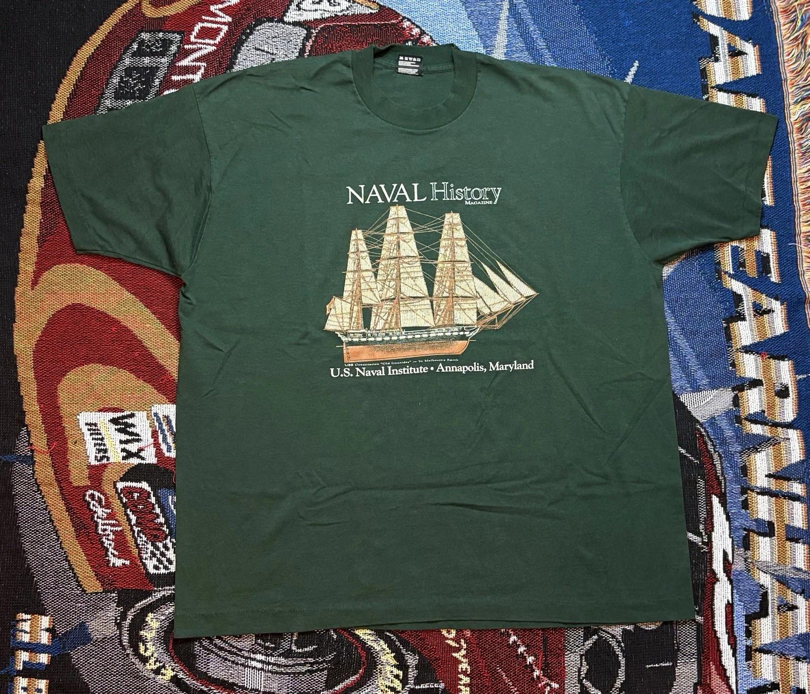 Vintage Naval History Magazine Shirt 2XL Fruit Of The Loom 90s Green M