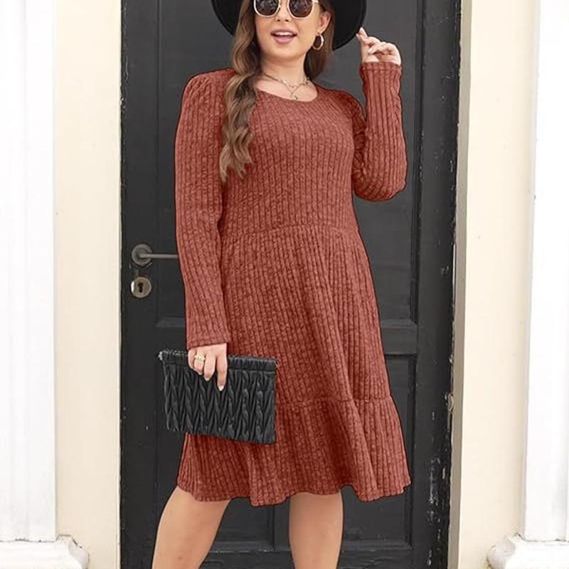 Women's Long Sleeve Ruffle Hem Midi Dress Textured Loose Casual Autumn Vintage Dress