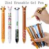 2 In 1 Erasable Gel Pen Cartoon Animals 0.5mm Blue Red Magic Ink Smooth Writing Washable Handle Office School Writing Stationery