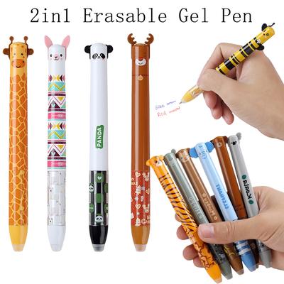 2 In 1 Erasable Gel Pen Cartoon Animals 0.5mm Blue Red Magic Ink Smooth Writing Washable Handle Office School Writing Stationery