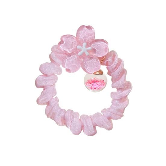 2Pcs Hair Tie High Elasticity Glossy Fabric Hair Rope with Transparent Cherry Blossom