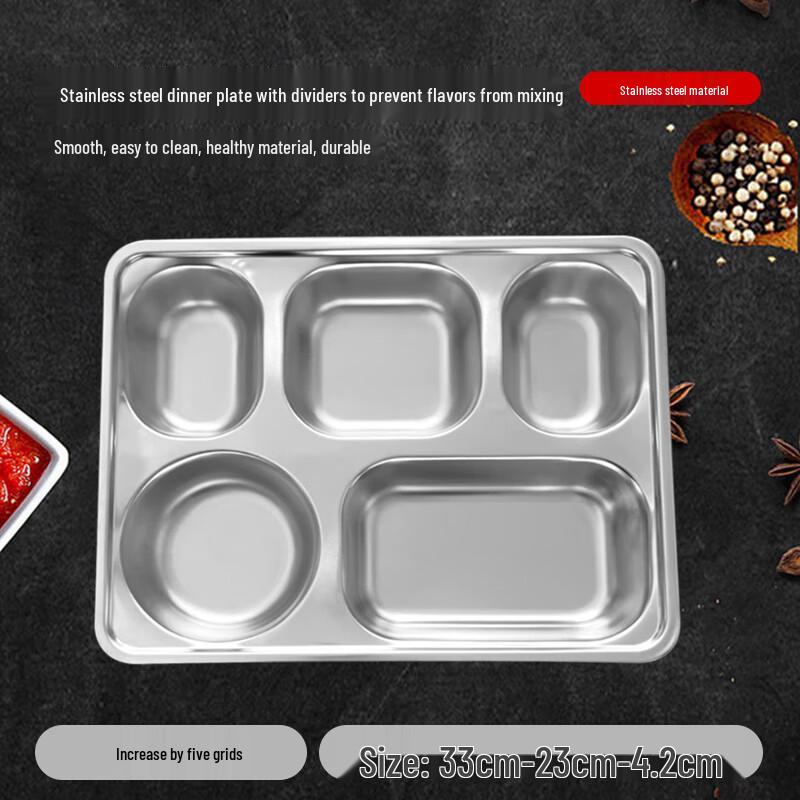 Large Deep 304 Stainless Steel 5-Compartment Divided Lunch Tray