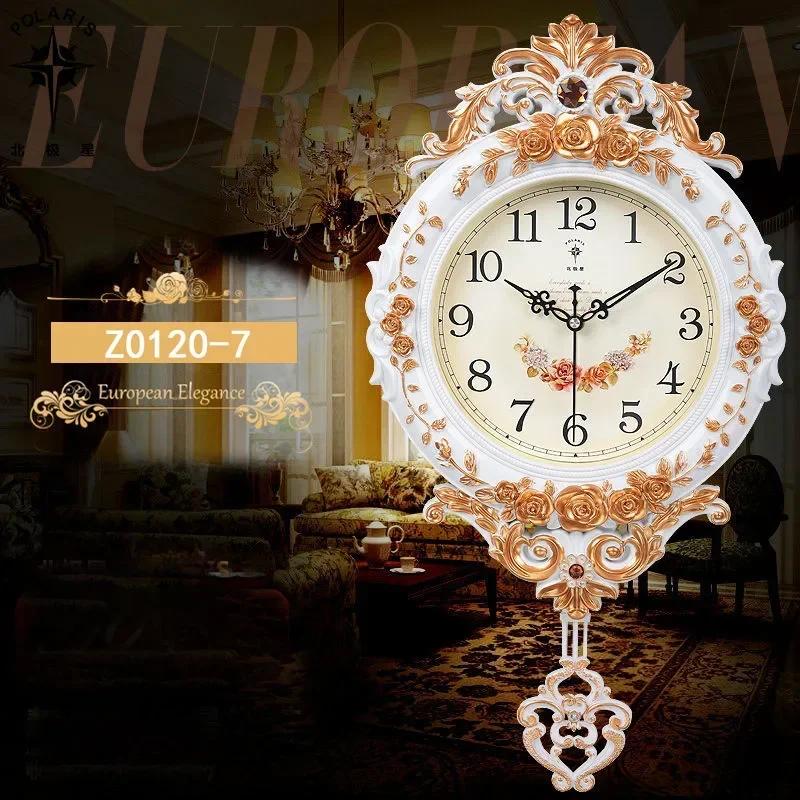 European-style Living Room Decoration Mute Large Wall Clock Wall Sticker Home Decor Bedroom Flower Carving Retro Swing CloI9K3F4