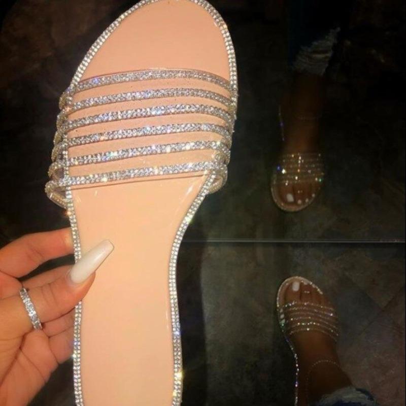 20 new flat-bottomed casual open-toed cool slippers women's fashion wear rhinestone women's slippers women's shoes