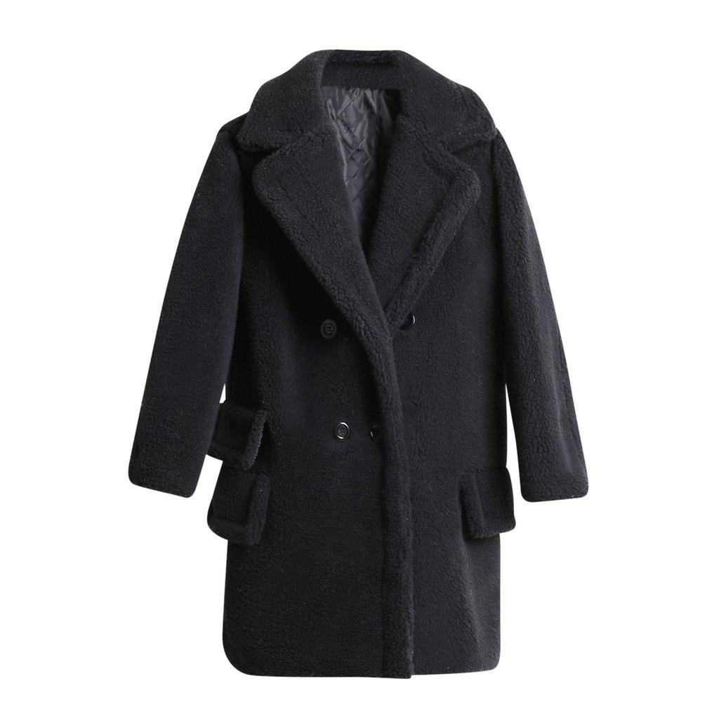 Fashion Women Solid Medium Turn-Down Collar Warm Plush Coat