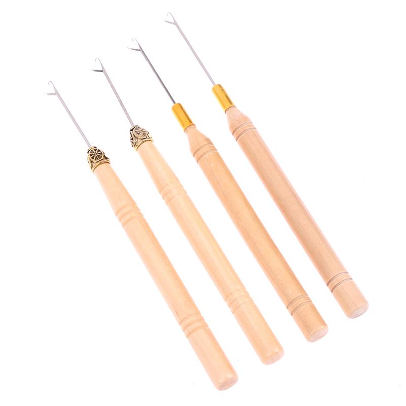 2Pcs Wooden Handle Hook Needle Lace Wig Making Knitting Micro Ring Loop Hair Extension Weaving Crochet Hook Needle Tools