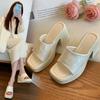 Guofeng One-word Slippers for Women To Wear In the Summer of 2025, New Fashionable Retro Embroidered Thick High-heeled Large-size Slippers for Women