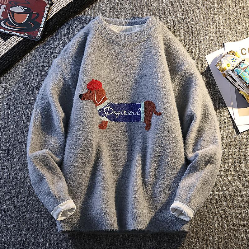 Harajuku Lovely Puppy Embroidered Sweater Spring Autumn Round Neck Korean Style Sweater Coat Men Women Pullover  Knitted Sweater
